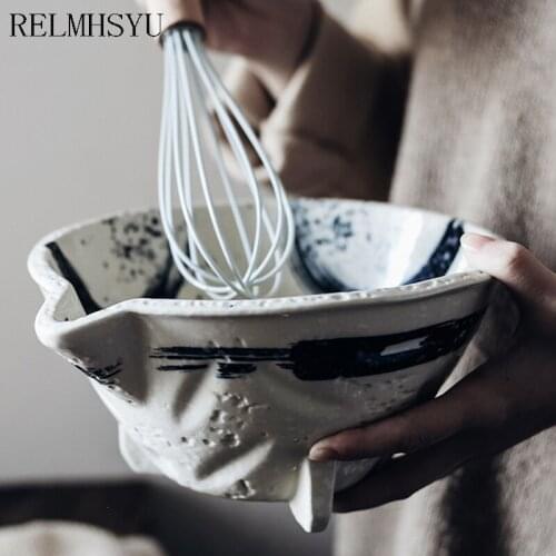 1PC RELMHSYU Japanese Style Ceramic Hand-painted Retro Large Irregular Noodle Soup Salad Dinner Bowl Tableware