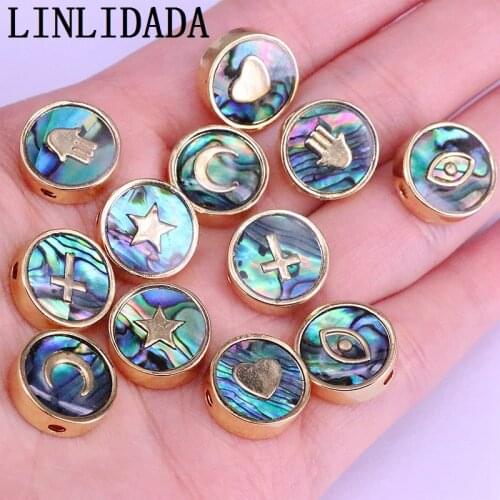 10Pcs 14mm Rainbow Abalone Shell with Star Moon Eye Hamsa Hand Spacer Beads, Round Natural shell Beads, For Jewelry Making