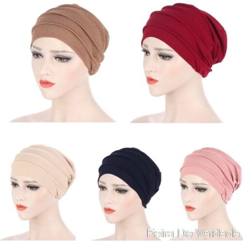 2021 New Elastic Fashion Turban Hat Solid Color Women Warm Winter Headscarf Bonnet Inner Hijabs Cap Muslim Hijab femme Wrap Head