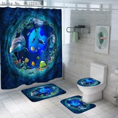 4 Piece The Underwater World Blue Shower Curtain Sets With Bath Rug Toilet Cover Floor Mat Waterproof Shark Dolphin Bath Curtain
