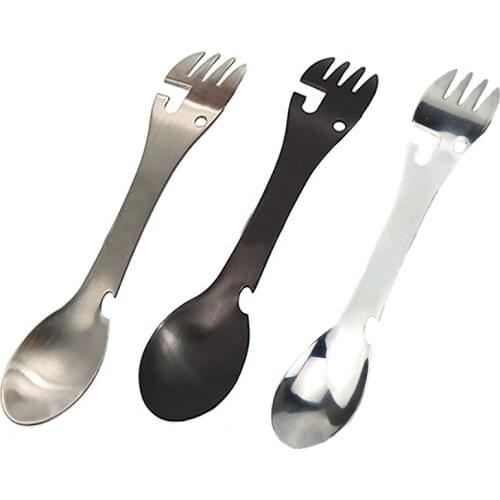 5 in 1 Multi-functional Outdoor Mountaineering Tools Stainless Steel Camping Survival EDC Kit Practical Fork Knife Spoon Bottle