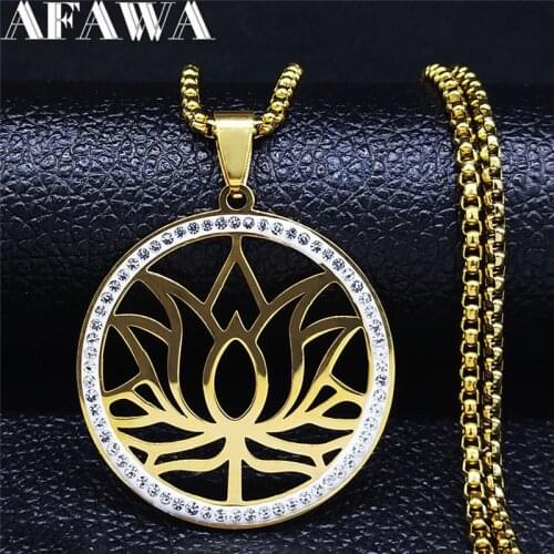 Yoga Lotus Stainless Steel Crystal Chain Necklaces Gold Color Women/Men Pendant Necklace Jewelry collares de mujer NXS02