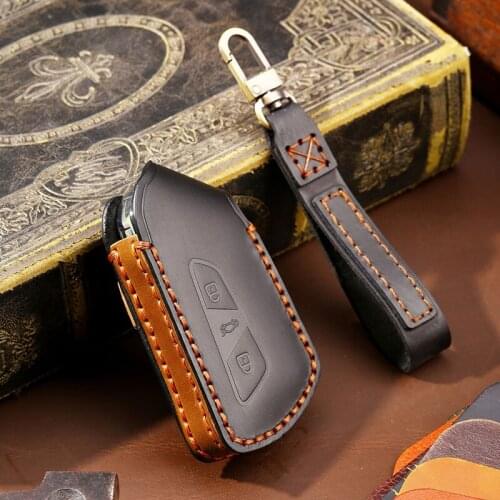 Handmade Genuine Leather Car Key Case Cover for VW Volkswagen Golf 8 Mk8 2020 Skoda Octavia Smart Keyless Holder Accessories