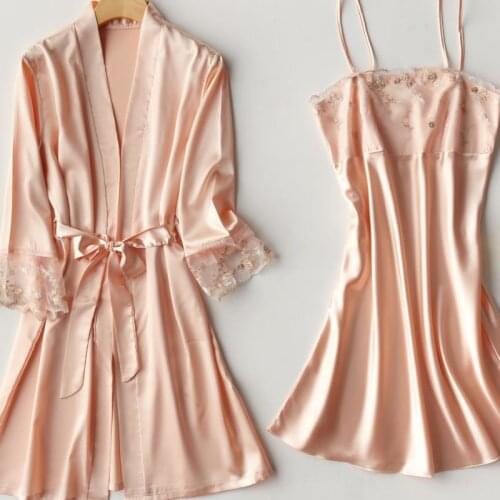 Summer New Robe Set Satin Women 2PCS Sleepwear Kimono Bathrobe Gown Faux Silk Intimate Lingerie Sexy Nightdress Lounge Wear