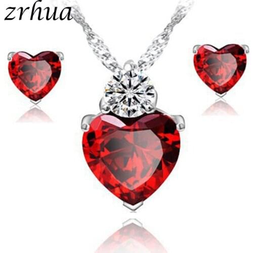 Red/Purple/White Crystal Zircon Jewelry Sets Heart Rhinestone Bridal Necklace Earrings for Women Party Christmas Gift
