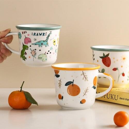 4 Colors Cartoon Ceramic Mug 300ML Student Milk Coffee Cup with Handle Retro Imitation Enamel Mugs Office Home Funny Water Cups