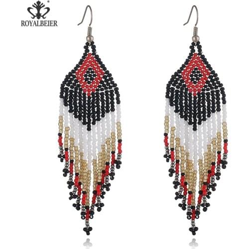 Summer Colorful Women Handwoven Boho Bead Drop Earrings Vintage Bohemian Long Tassel Dangle Earring Fashion Jewelry Earrings