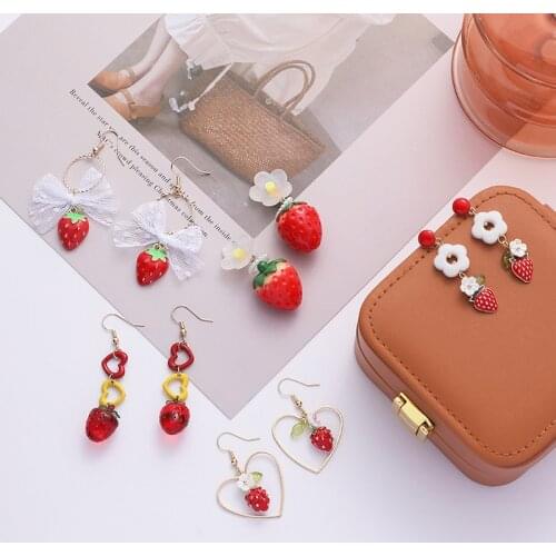 LOVOACC Sweet Red Color Strawberry Flower Long Tassel Earrings for Women Resin Arcylic Love Heart Bowknot Dangle Earrings Gifts