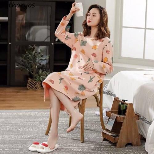 Nightgowns Women Long Sleeve Spring Mid-calf 2XL Korean-style Daily Loose Print Elegant Simple Sleepwear Cute Womens Pyjamas New