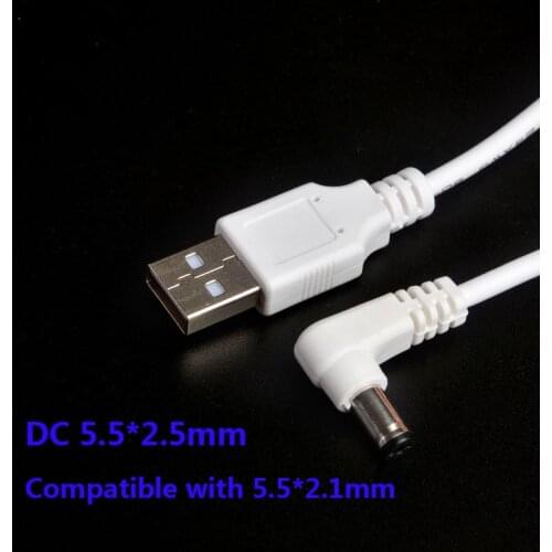 DC Power Plug USB Convert To 5.5*2.5mm/DC5.5x2.5mm L Shape White Right Angle Jack With Cord Connector Cable