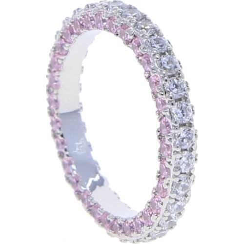 Luxury silver color delicate band finger ring with pink white cz stone paved for women lady engagement wedding jewelry drop ship
