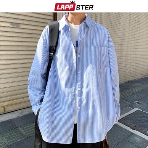 LAPPSTER Men Korean Fashions Long Sleeve Shirts 2021 Spring Mens Striped Blue Vintage Shirt Male Cotton Button Up Blouse 5XL