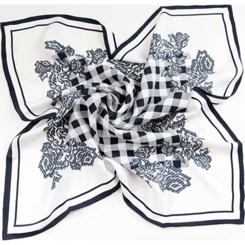 2021 Two Sides Lace Pattern Print 16 MM High Quality Thick Twill Hand Rolled Bandana Head Scarf Square Mulberry Silk Scarf 90 CM