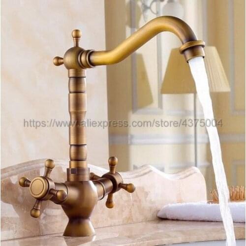 Basin Faucets Antique Brass Bathroom Sink Faucet 360 Degree Swivel Spout Double Cross Handle Vanity Sink Mixer Tap Nan020