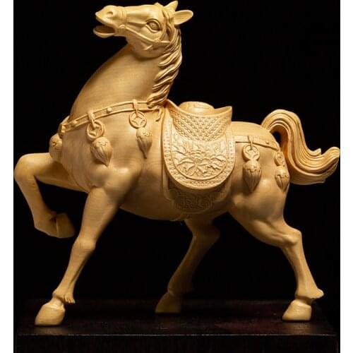 Boxwood Carving Living Room Rich Horse Sculpture Feng Shui Crafts Wood Statue Horse Ornaments Home Decor
