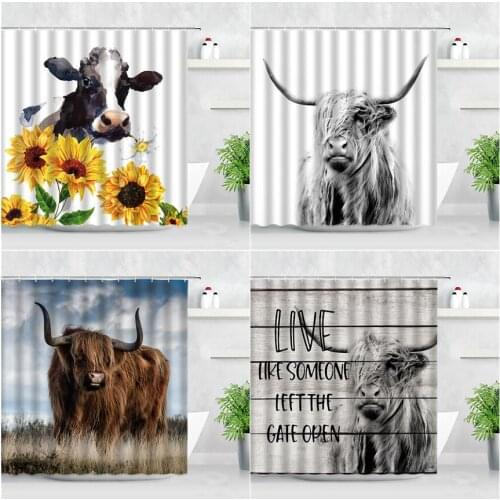 Home Bathroom Curtains Creative Highland Cow Farm Animals Cattle Sunflower Flowers Retro Wood Grain Printed Hooks Shower Curtain