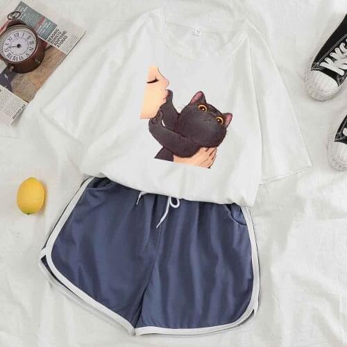 Womens Sleepwear Shorts Loungewear Women Summer Homewear Suit Funny Cat Print Pajamas Set Female Shorts Nightwear Top Suit
