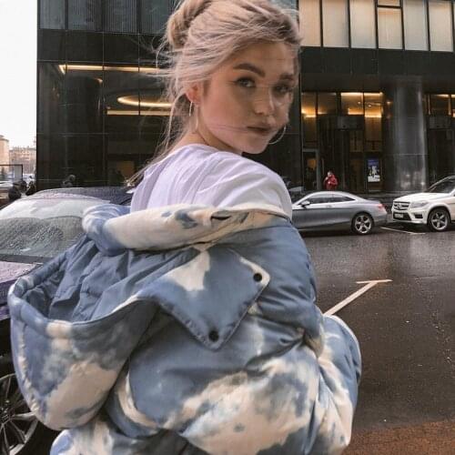 Women Blue Tie Dye Pockets Casual Coat Long Sleeve Stand Collar Zipper Slim Vintage 2020 Winter New Women Fashion Padded Jacket