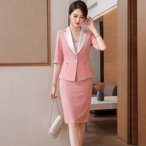 2021 Spring Female Elegant Womens Skirt Suit Black White Pink Blazer Bussiness Jacket Office Lady 2 Pieces Set Plus Size S-5XL