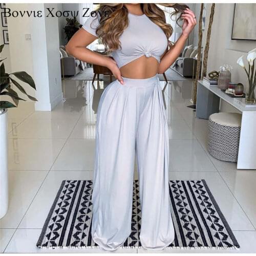 Women Solid Casual Short Sleeve Crop Top & Hign Waist Long Pants Set Crop Top And Wide Leg Pants Suit Sets