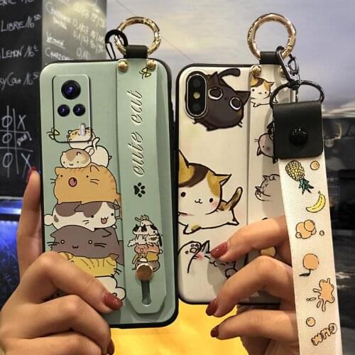 For Woman Lanyard Phone Case For VIVO S9E Wrist Strap Cartoon Back Cover Anti-dust Kickstand New