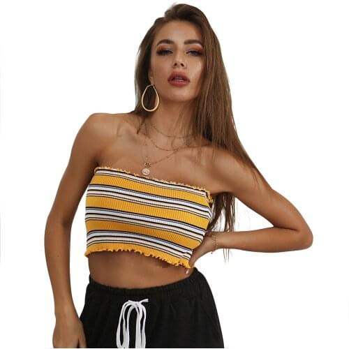 Women’s Sexy Exposed Navel Tube Tops Fashion Stripe Off-the-shoulder Pullover Strapless Tops