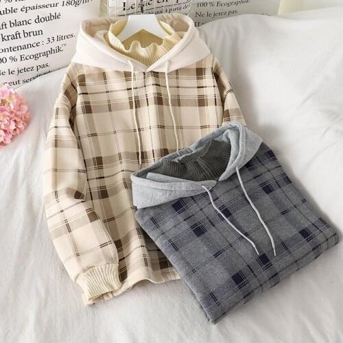 Sweater women loose bf lazy wind autumn and winter new fake two-piece retro plaid chic loose hooded pullover sweater