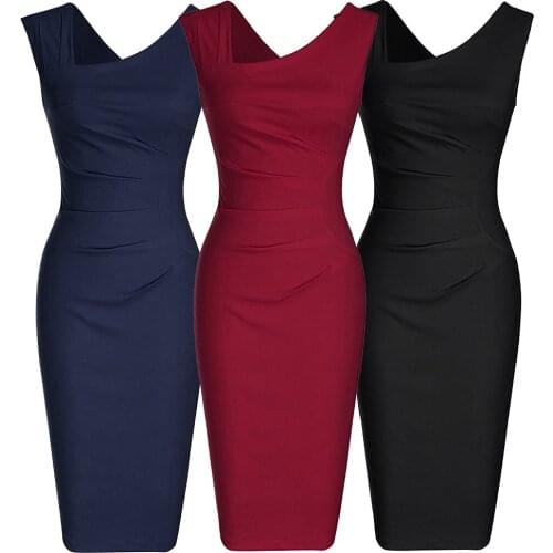 Zoulv 2021 Women Office Knee-Length Sleevless Pencil Vestidos Elastic & Slim 3 Colors Solid Sexy Irregular Collar Party Dress