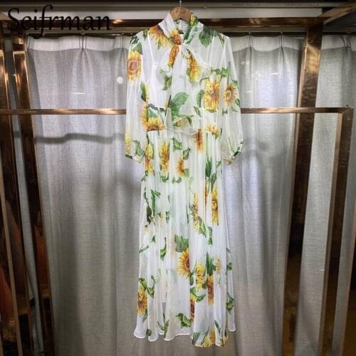 Seifrmann New 2021 Summer Women Fashion Designer Long Dress Lantern Sleeve Bow Floral Print Elegant Ladies Thin A-Line Dresses