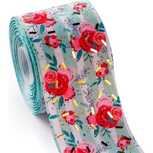3"75mm 10yard rectangle gold foil printed flowers grosgrain ribbon Thermal transfer Printe