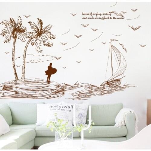 Sketch coconut tree sailboat seagull beach surf landscape wall stickers decals home decor livingroom bedroom wallpaper Art Mural
