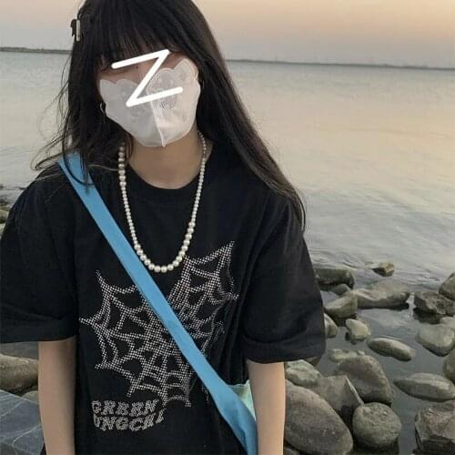 Gothic Punk Summer 2021 new Harajuku style black hot diamond short-sleeved t-shirt Crop Tops Streetwear oversized T-shirt