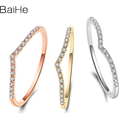 BAIHE Solid 14K White/Yellow/Rose Gold 0.04ct Round Natural Diamonds Ring кольца Wedding Band Trendy Fine Jewelry V type Ring