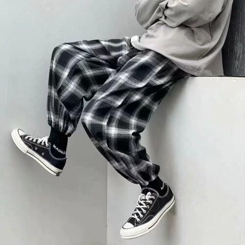 Plaid Pants Harajuku Sweatpants Male Baggy Jogging Casual Mens Black Sports Pants Summer Fashion Japanese Streetwear Trousers