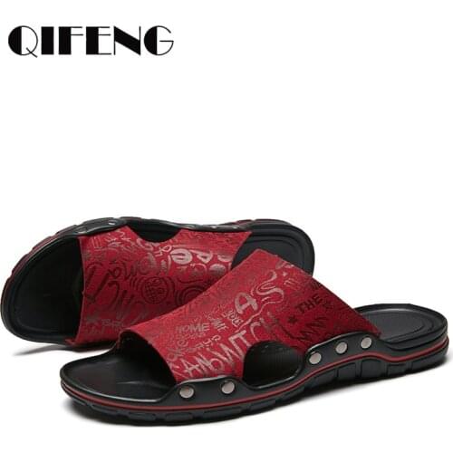 2021 New Summer Men Slippers Casual Outdoor Anti Slippery Red Flat Slides Sandals Leather Flip Flops Black Beach Shoes Fashion