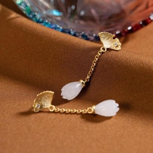 Natural 925sterling silver gilded ginkgo biloba inlaid hetian white jade earrings jewelry simple individuality for women earings