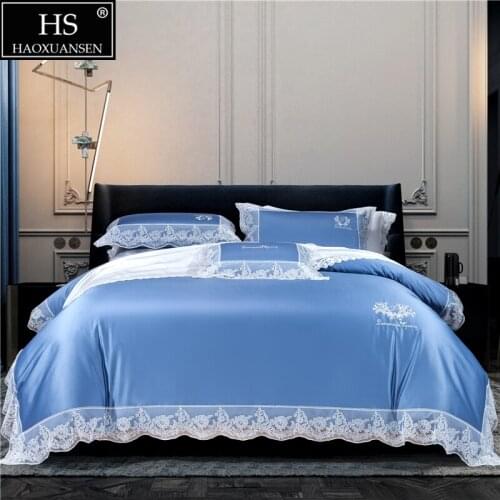 Sky Blue Delicate Lace Design 4Pieces Bedding Set Pure Cotton Fabric Queen King Size Quilt Cover Pillowcase Sheets Coffee