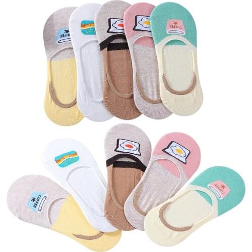 5 Pairs Women Socks Summer Invisible Anti-Skid Silicone Breathable Cotton Girls Socks Lovely Vintage Patchwork Female Boat Sock
