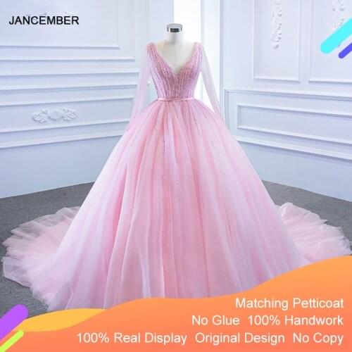 J67172 Jancember Simple Pink Evening Dress With Long Sleeves V-Neck Sequined Sashes Lace Up Back Ball Gowns