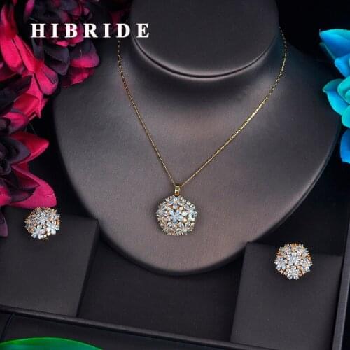 HIBRIDE Luxury Big Flower Shape Pendant Jewelry Set For Women Gold Color With AAA Cubic Zircon Jewelry Accessories Gifts N-509