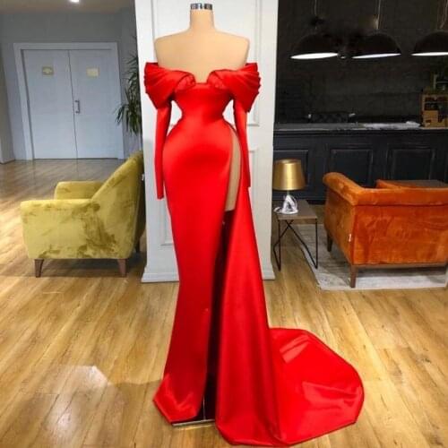 Sexy Red Mermaid Prom Dresses Long Long Sleeves High Side Split Arabic Evening Gowns Off The Shoulder Party Dress Cheap