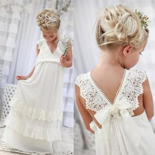 Beautiful Toddler Baby Girls Ivory Lace Chiffon Summer Boho Beach Girls Wedding Birthday Party Dresses Flower Girl Dresses