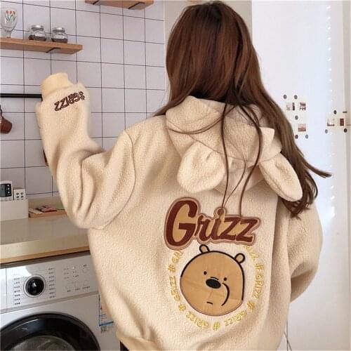 Long Sleeve Leisure Sweatshirts Plus Size Women Ear Hoodies Sweatshirt Hooded Loose Thick Fleece Ulzzang Embroidery Zip Hoodie