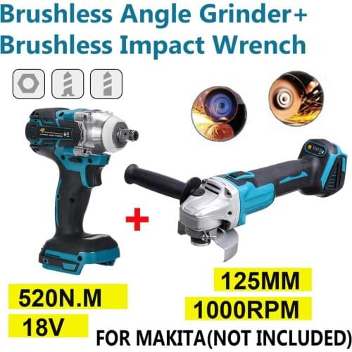 Drillpro 125mm Brushless Angle Grinder +520N.M Brushless Impact Wrench For 18V Makita Battery [not include battery]