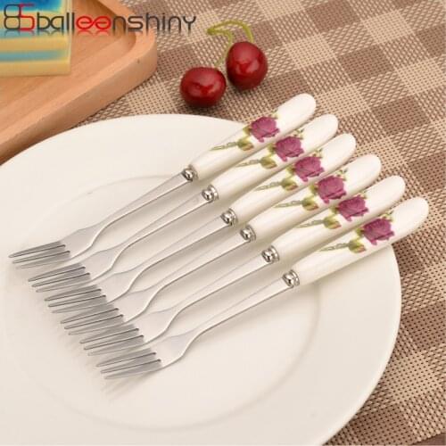 BalleenShiny Staineless Steel Fruit Mooncake Forks Ceramic Handle Dessert Cute Fork Household Coomon Tableware Kitchen Tool