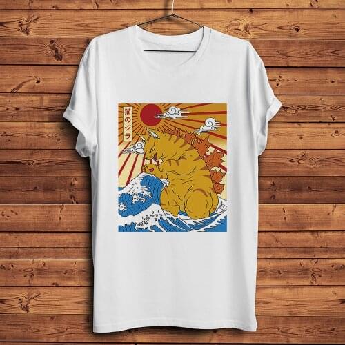 Japan vintage Ukiyoe style cat kaiju catzilla kanagawa funny t shirt men summer new white casual tshirt unisex streetwear tee
