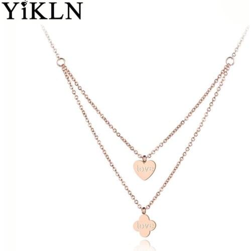 YiKLN Trendy Original Design Stainless Steel Love Heart & Flower Charm Necklace Pendant Chain Jewelry For Women Girls YN19072