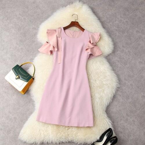 Europe and the United States womens clothing New Summer 2021 Short sleeves with flounces Fashionable pink dress round neck