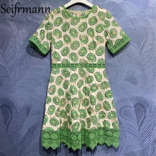 Seifrmann New 2021 Summer Women Fashion Designer Party Midi Dress Short Sleeve Gorgeous Lace Embroidery Printed Elegant Dresses