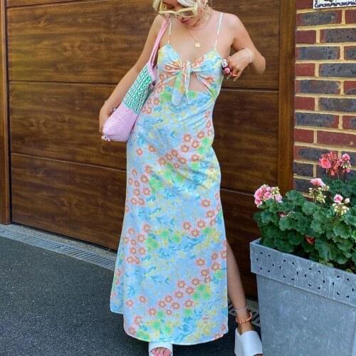 Women Fashion Floral Print Long Dress Sexy Sleeveless Hollow Out V-Neck Slit Dress Blue
